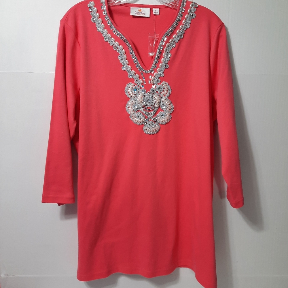 Quaker Factory Women's Top Coral White Silver Embellished Neckline 3/4 Sleeve L